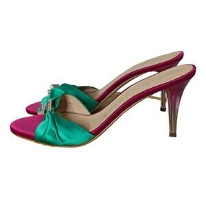 Luis Onofre Satin Bow Heels 6.5 Green Pink Jewel Slip On Designer Sandals Shoes